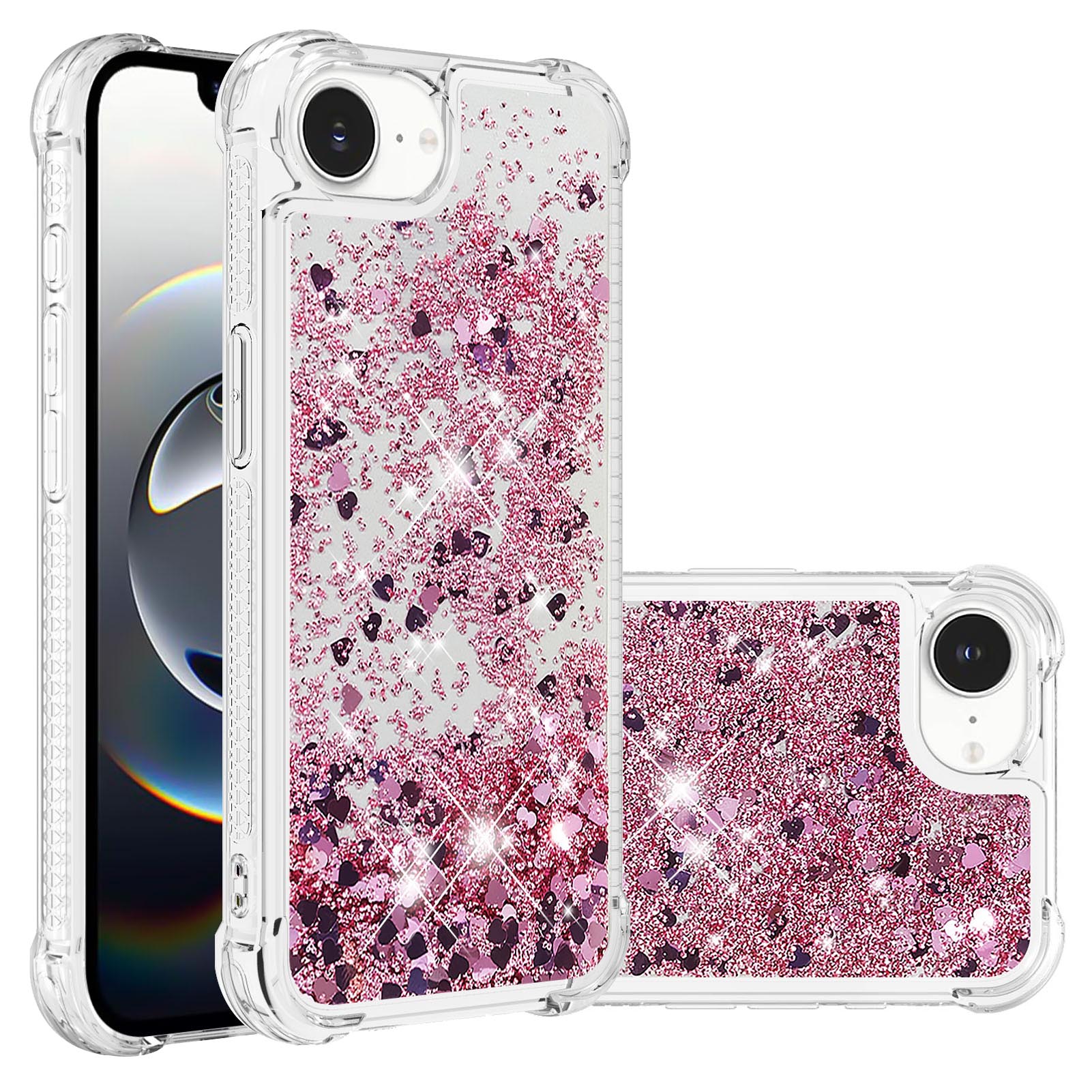 

For iPhone 16e TPU Case Glitter Quicksand Shockproof Phone Back Cover Rose Gold/Hearts
