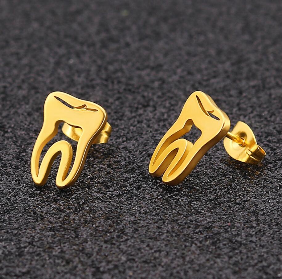 Minimalist Stainless Steel Dentist Tooth Stud Earring Women Men Cute Cross Earings Leaf Swallow Earing Party Accessories