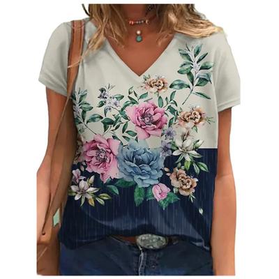 Summer V-neck Flower Pattern 3D Printed Top Fashionable Casual Short Sleeved Women's T-shirts