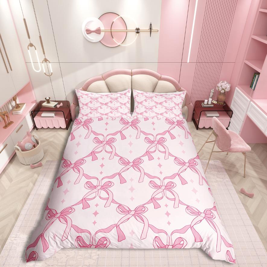 Homewish Cute Bowknot Duvet Cover SetLove Heart Print For Teens Bedding SetDreamy Princess Decor