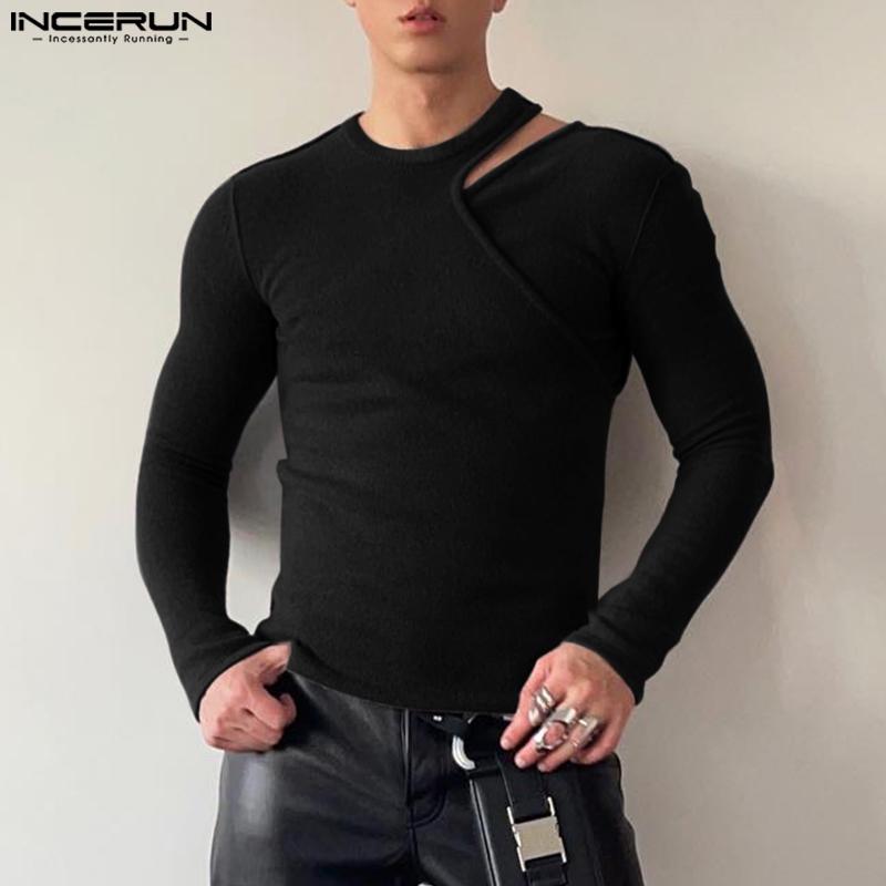 INCERUN Men Spring Long Sleeve Cutout Basics Casual Tops Undershirts