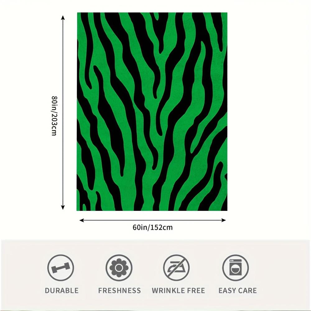1Pc Soft Single-Sided Printed Blanket 60X80 Inch - Black & White Zebra Stripes On Green Background, High Thread Count
