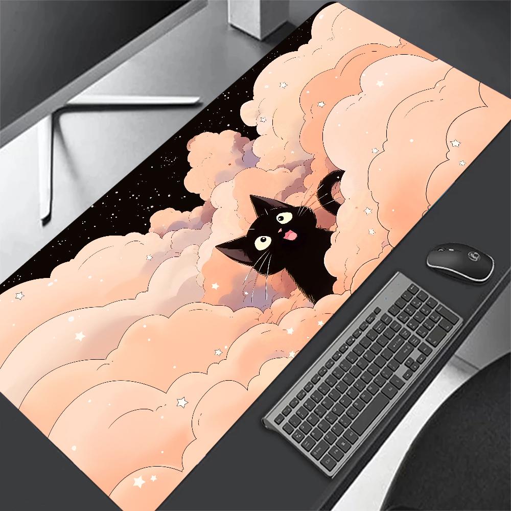 Cute Pink Cloud Black Cat Desk Mat NonSlip Soft Mouse Pad Waterproof Keyboard Mat for Home Girl Room Decor