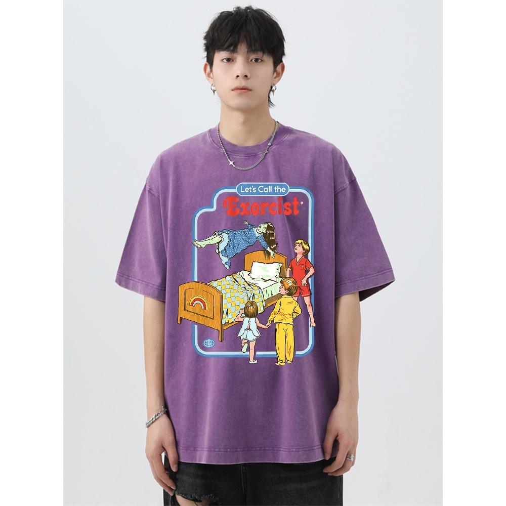 Llamemos al Exorcista Camisetas Retro Lavadas para Hombre Camisetas Sueltas Camiseta de Algodón Transpirable Tops Oversize