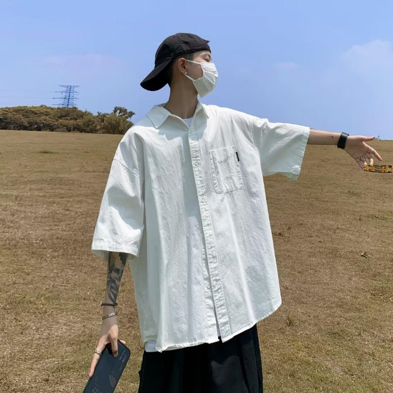 Men's Short Sleeve Button Shirt Men's Loose Casual Short-Sleeve Collared Shirt Pocket Loose-Fit Top