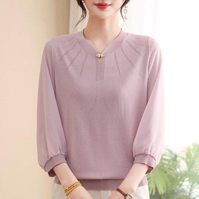 Elegant Women's Seven-Sleeve Loose Plus Size T-shirt - Comfortable Spring Fashion for Mid-Aged and Elderly Ladies