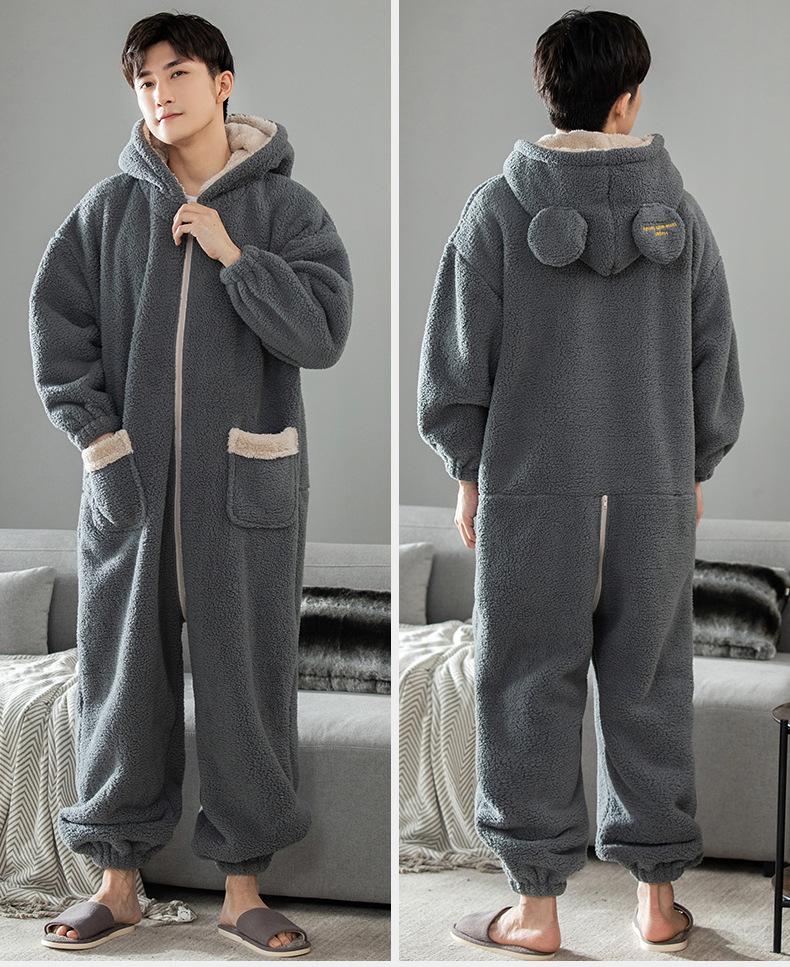 

Men s Hooded Flannel One-Piece Suit: Thick Coral Fleece Pajamas for Autumn/Winter, Suitable for Indoors and Outdoors. L