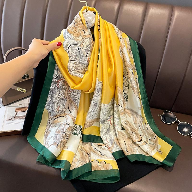Painting Floral Design 100% Silk Feeling Scarf For Women 180X90Cm Shawl Wraps Luxury Female Hijab Headband Foulard Beach Stoles