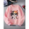 Kids Crewneck Sweatshirt, Cute Big-Eyed Cat with Glasses Graphic Print,Spring Autumn Casual Sport Tops