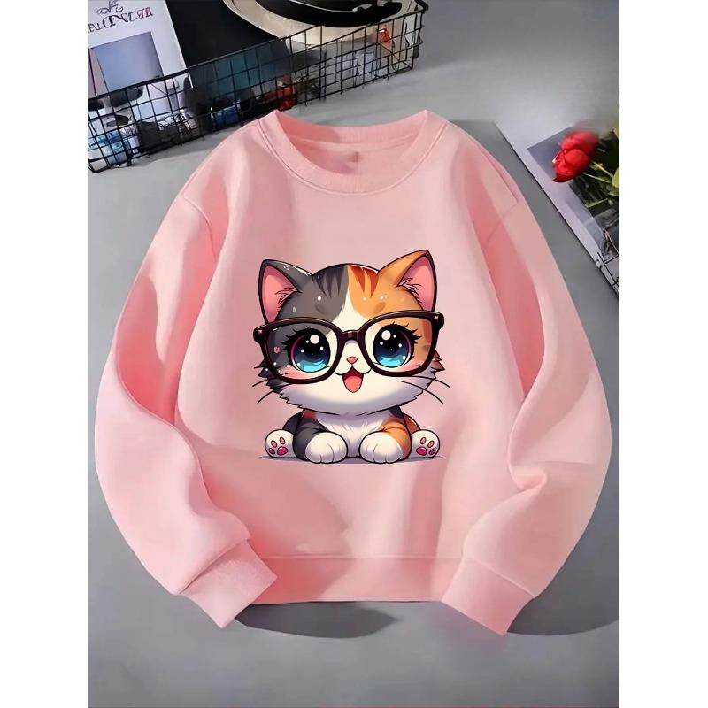Kids Crewneck Sweatshirt, Cute Big-Eyed Cat with Glasses Graphic Print,Spring Autumn Casual Sport Tops