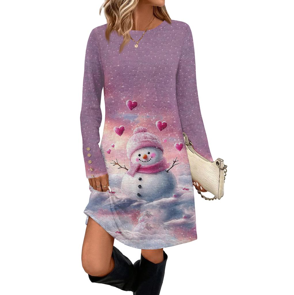 Women's Fashion Casual Dress With Pockets, Decorative Buttons, Christmas Prints, Round Neck And Long Sleeves