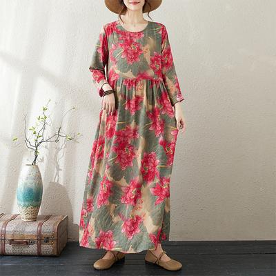 Women Bohemian Floral Printed Dresses Big Size Long Sleeve Loose Cotton Linen Thin O-neck Long Dress Robe