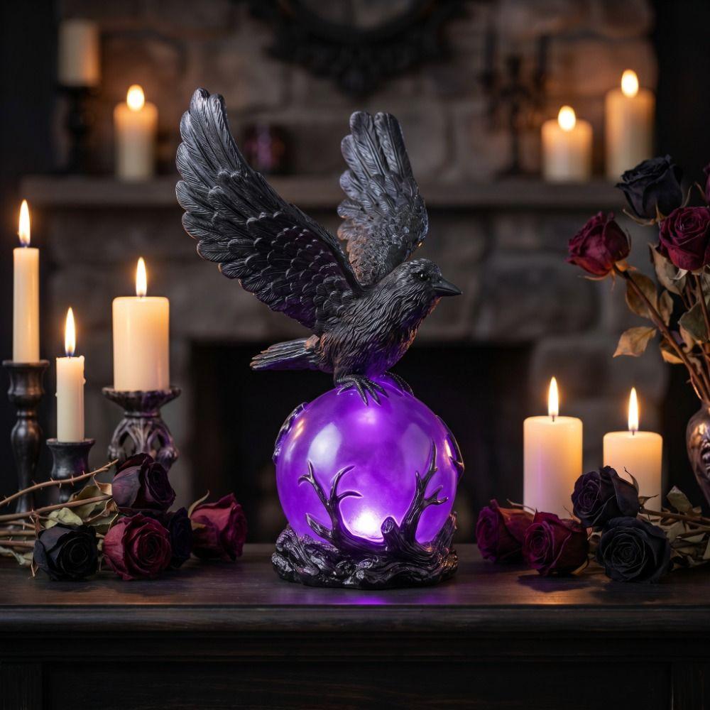 Kreatywne Statuetki Kruka Halloweenowe Rzeźby Ptaków Czarny Kruk Lampka Nocna Dekoracja Halloweenowa