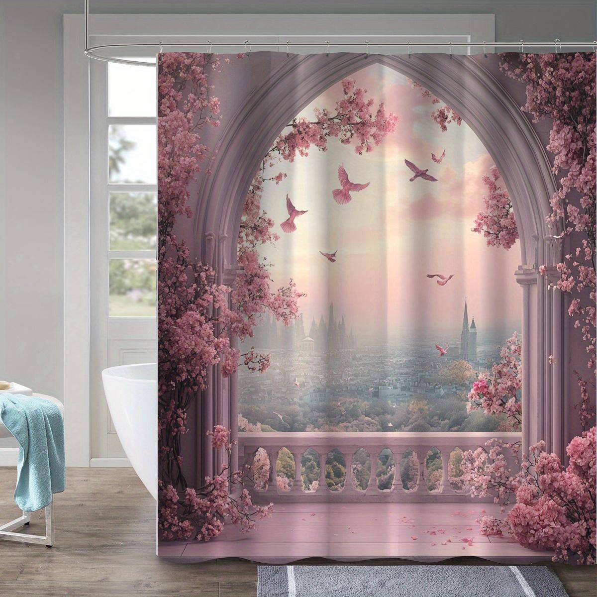 

1-Pack Fantasy Castle Balcony Shower Curtain - Polyester With Hooks, Beautiful Floral And Cityscape Design, Cityscape Picture W60H190(CM)-1 Pcs