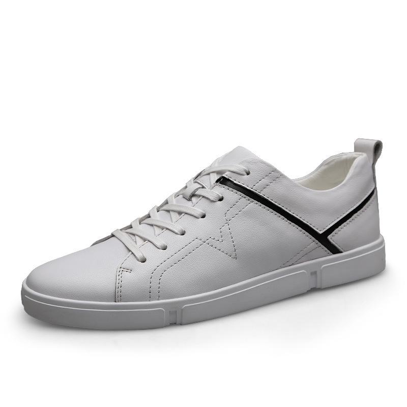 Men's Plus Size White College Style Skate Shoes, Soft Cowhide Casual Trendy Sneakers