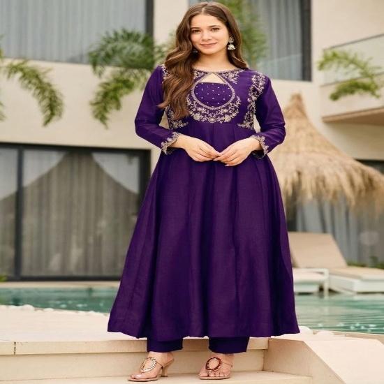 Regal Deep Purple Silk Anarkali Suit Set with Elegant Embroidery S