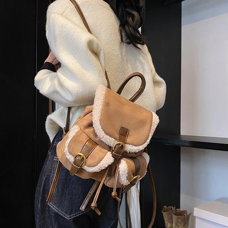 Textured Matte Retro Backpack Women's New Winter Matte Backpack Student Class Schoolbag Bucket Bag