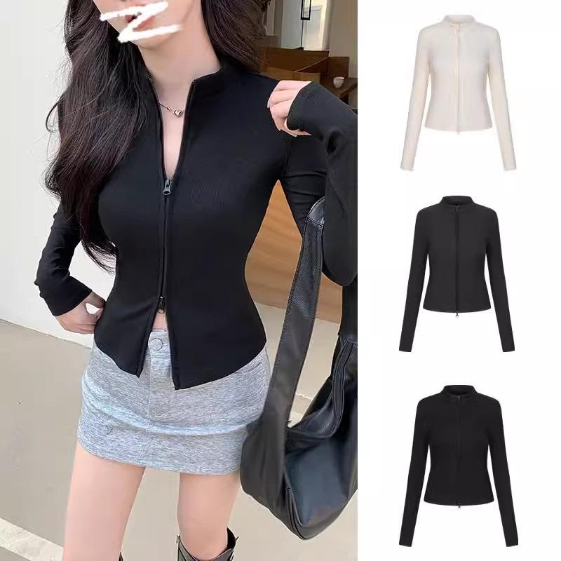 Women S Stand Collar Double Zip Knit Jacket Slim Fit Short Long Sleeve Top