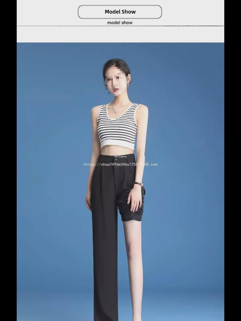 Women's Plus Size High-Waist Ice Silk Wide-Leg Pants - Black Summer Drape