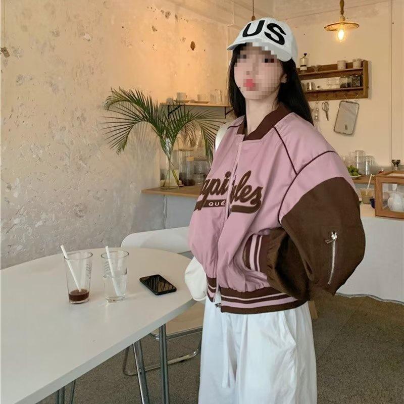 Plus Size Pink Retro Baseball Jacket for Petite Women - Spring & Autumn