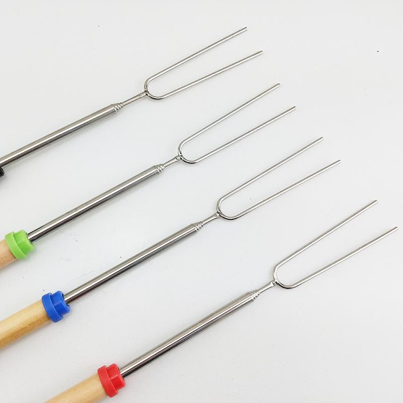 Telescopic Stainless Steel Barbecue Fork Set with Wooden Handle - 4 Colors