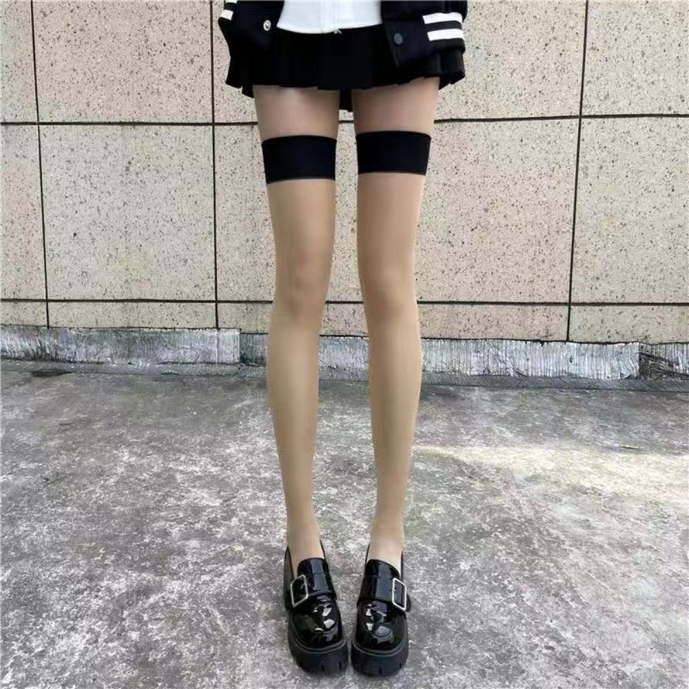 Sexy Suspenders Integrated Socks Pure Desire Stockings Women's High Socks Thigh Socks Contrasting Color Thin Black Edge Skin Edge Bottom Socks