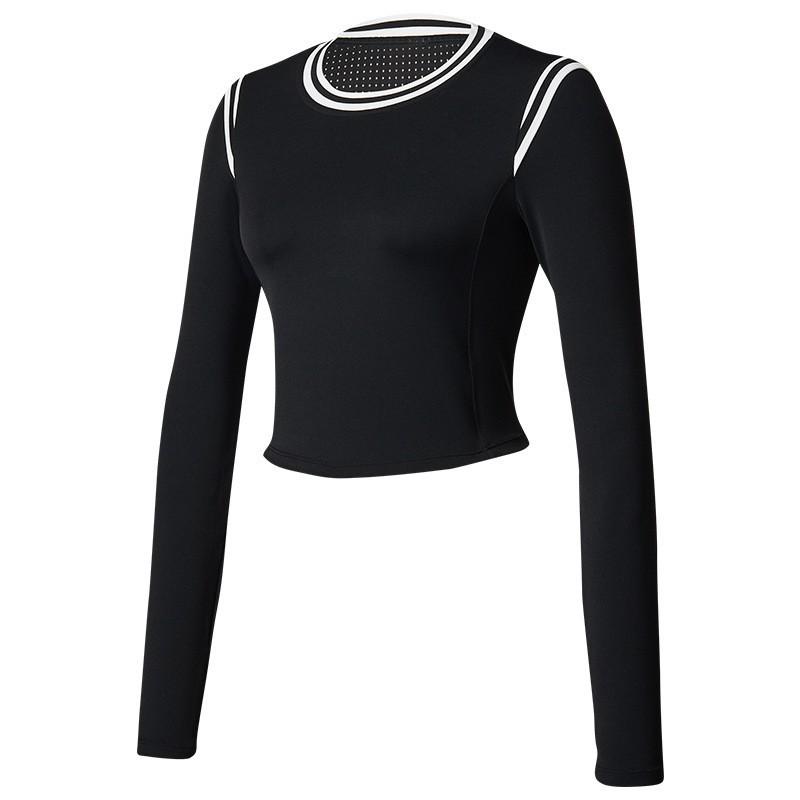 

Autumn Winter Tennis Clothes Women s Color Contrast Fake Two-piece Long-sleeved Short Round Neck Waist Top Sports Fitness Quick-drying T-shirt S чёрный
