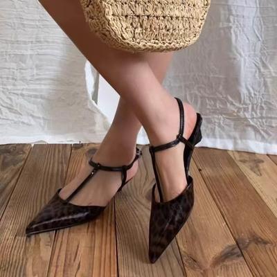 Fashion Leopard Print Pointed Toe Office Shoes Designer Shallow Stilettos Ankle Strap Women High Heels Pumps Elegant Low Heels Sandals