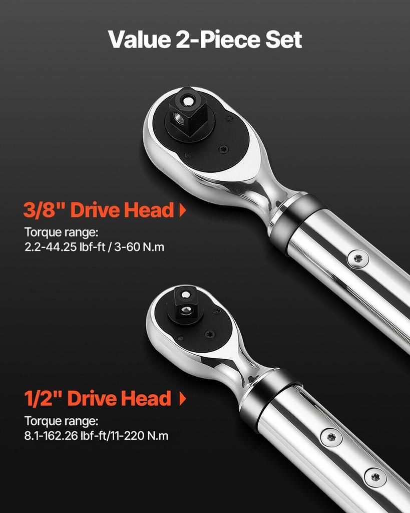 Digital Torque Wrench Set 2 Pieces 1/2 3/8 Inch Drive 72-Tooth Electronic