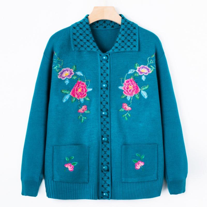 

Одежда для женщин среднего и пожилого возраста новая осенняя вышитая куртка-свитер бабушкин вязаный свитер с лацканами топ мамин кардиган 4XL (recommended 130-72.5kg) небесно-голубой