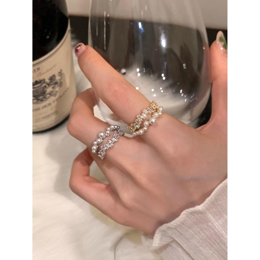 Chic Geometric Design Adjustable Ring Featuring Sparkling Zircon And Pearl