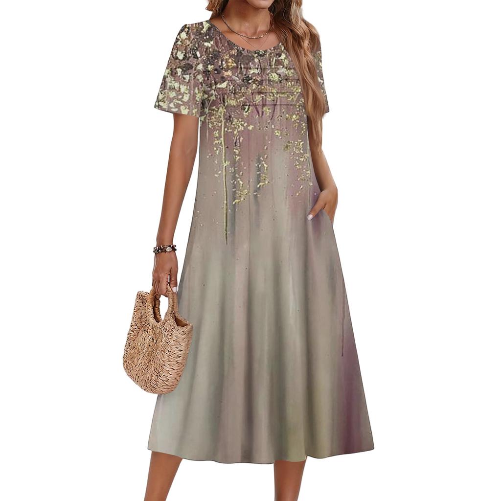 Damenkleid mit Blumenmuster, lässig und modisch, kurzärmelig, Rundhalsausschnitt