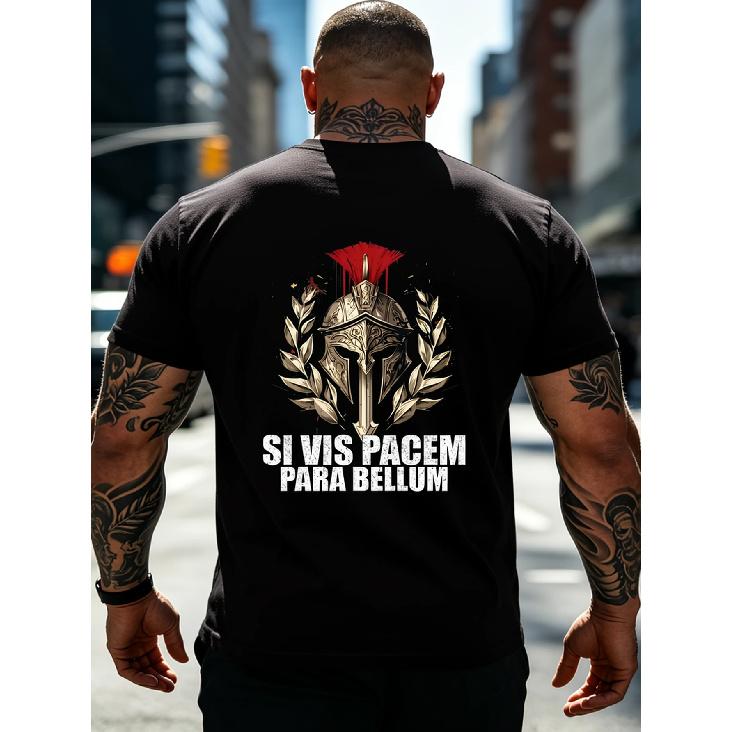 Men'S Retro Si Vis Pacem Para Bellum Latin Saying T-Shirt - Black Featuring a Golden Spartan Helmet And Laurel Wreath Design Fit Casual Tee Suitable