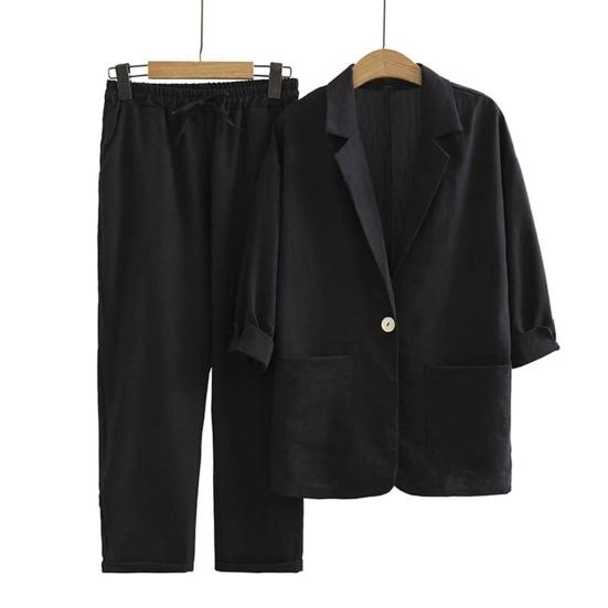 2Pcs/Set Women Spring Autumn Casual Outfit Lapel 45720 Sleeve Single Button Pockets