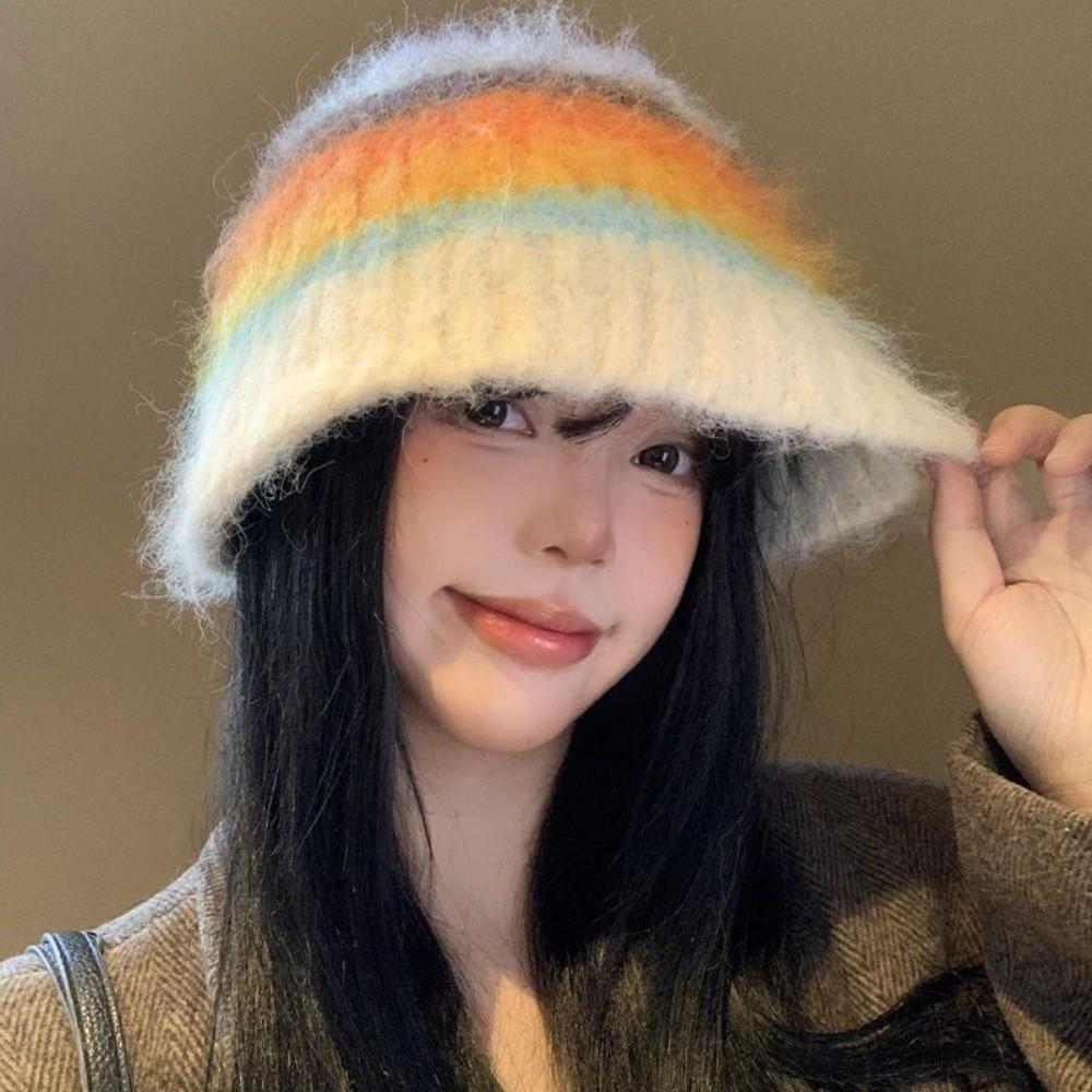 Colorful Striped Knitted Hat Soft Cotton Crochet Beanie Hat New Woolen Bucket Cap  Unisex