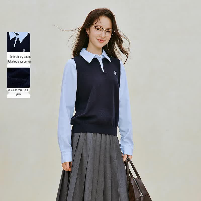 INMAN Women s Faux Two-Piece Shirt Collar Striped Embroidered Pullover Sweater M