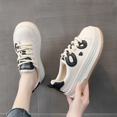 Leather Black and White Panda Shoes Women's New Fashion Leisure Sports Versatile Thick Baseplate Shoes Lace Up