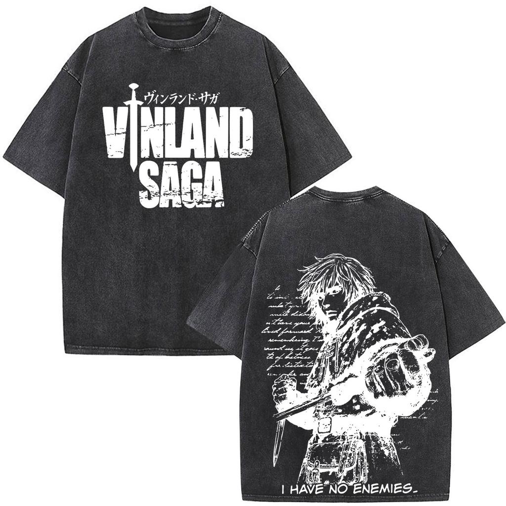 Anime Vinland Saga Thorfinn I Have No Enemies Vintage Washed T Shirt Mens Women Manga Casual Oversized Tshirts Male Streetwear