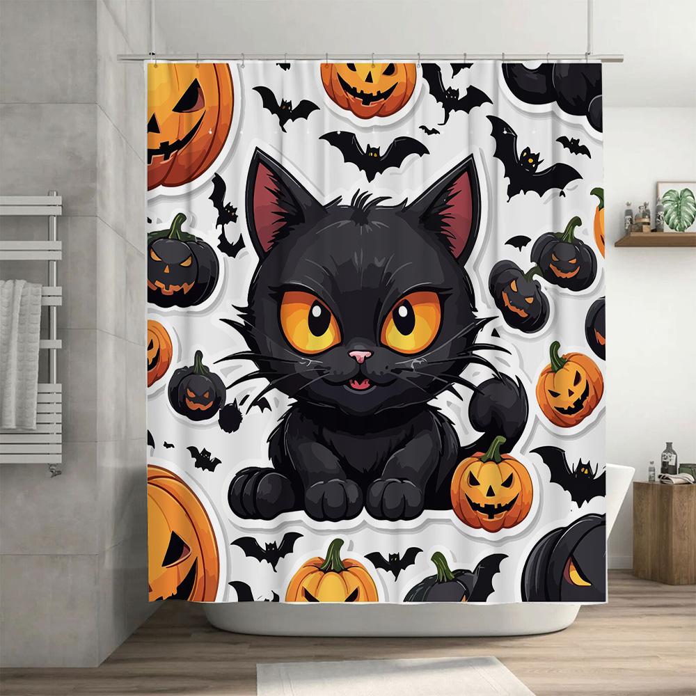 Halloween Decor Shower Curtain Set with Black Cat Pumpkin Bats Print Waterproof Fabric Bathroom Liner for Kids Gifts