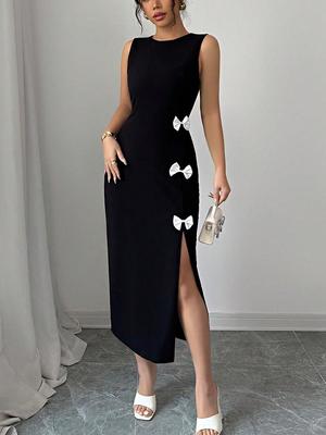 Vestido de una pieza sin mangas con lazo y abertura, corte slim, para otoño