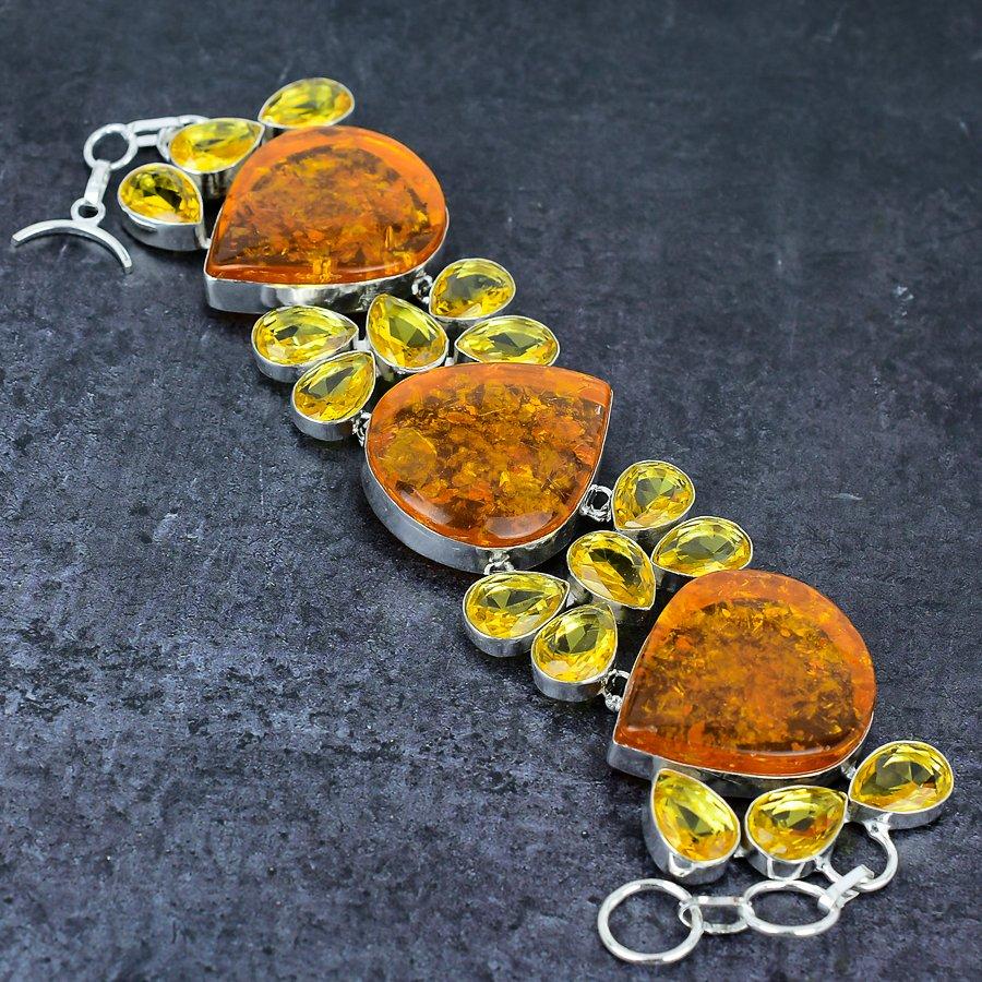 Baltic Amber, Citrine Gemstone 925 Sterling Silver Bracelet 7-8"