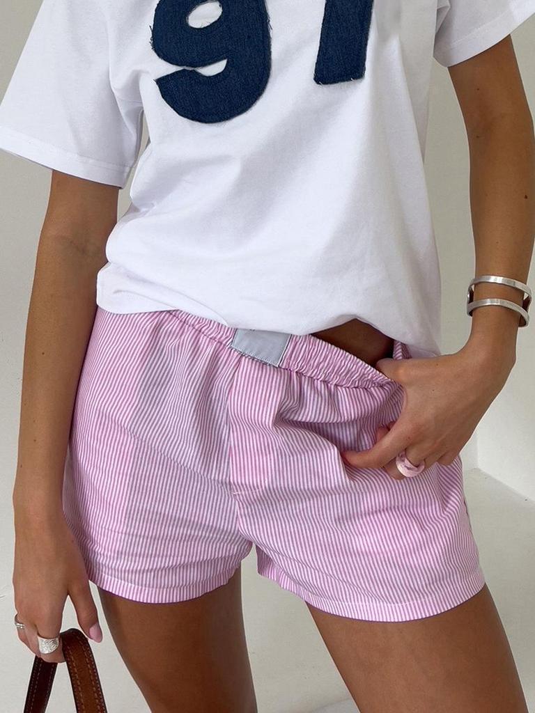 Fashion Pinstripe Patchwork Shorts Ladies Vintage Medium Stretch Shorts Women's Casual Pajama Pants