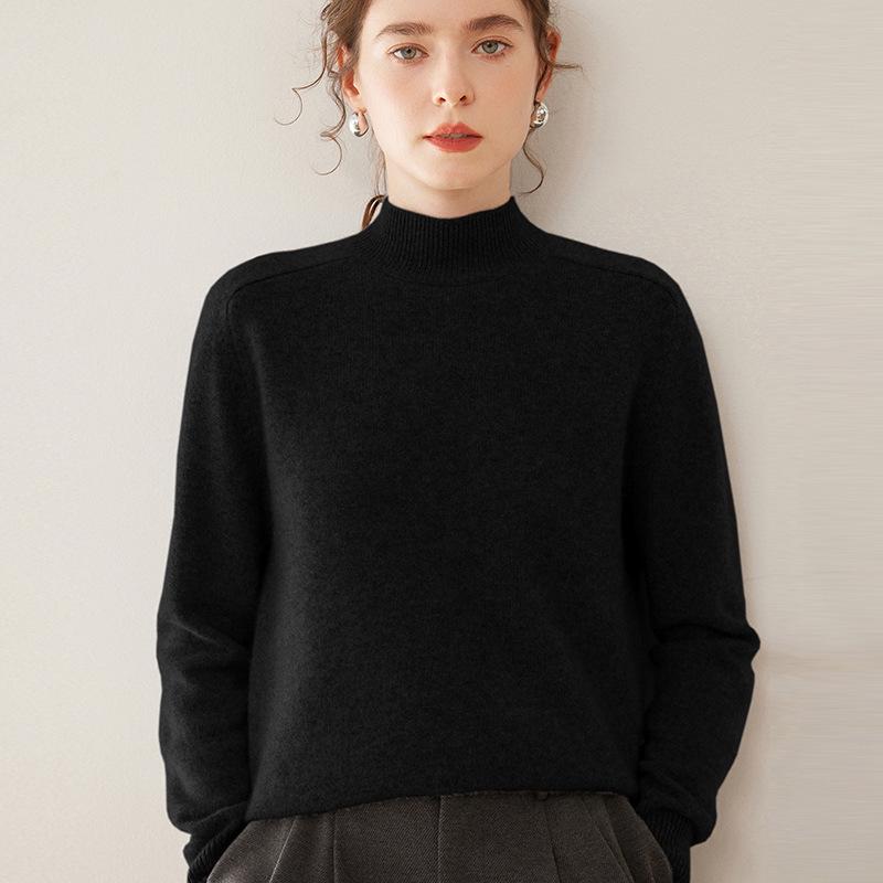 Women's Heavyweight Cashmere Half-High Collar Knit Sweater with Saddle Shoulders