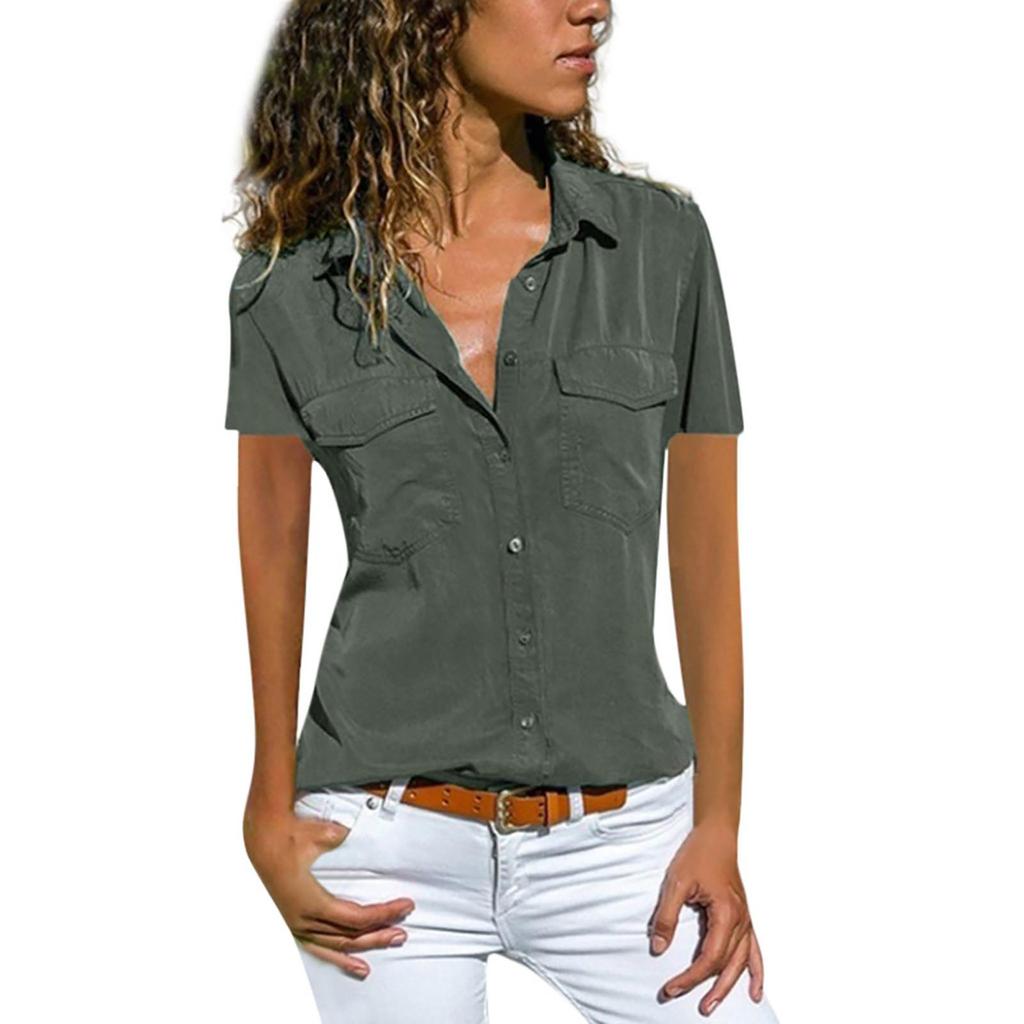 Down Collar Pockets Buttons Shirt Tops 