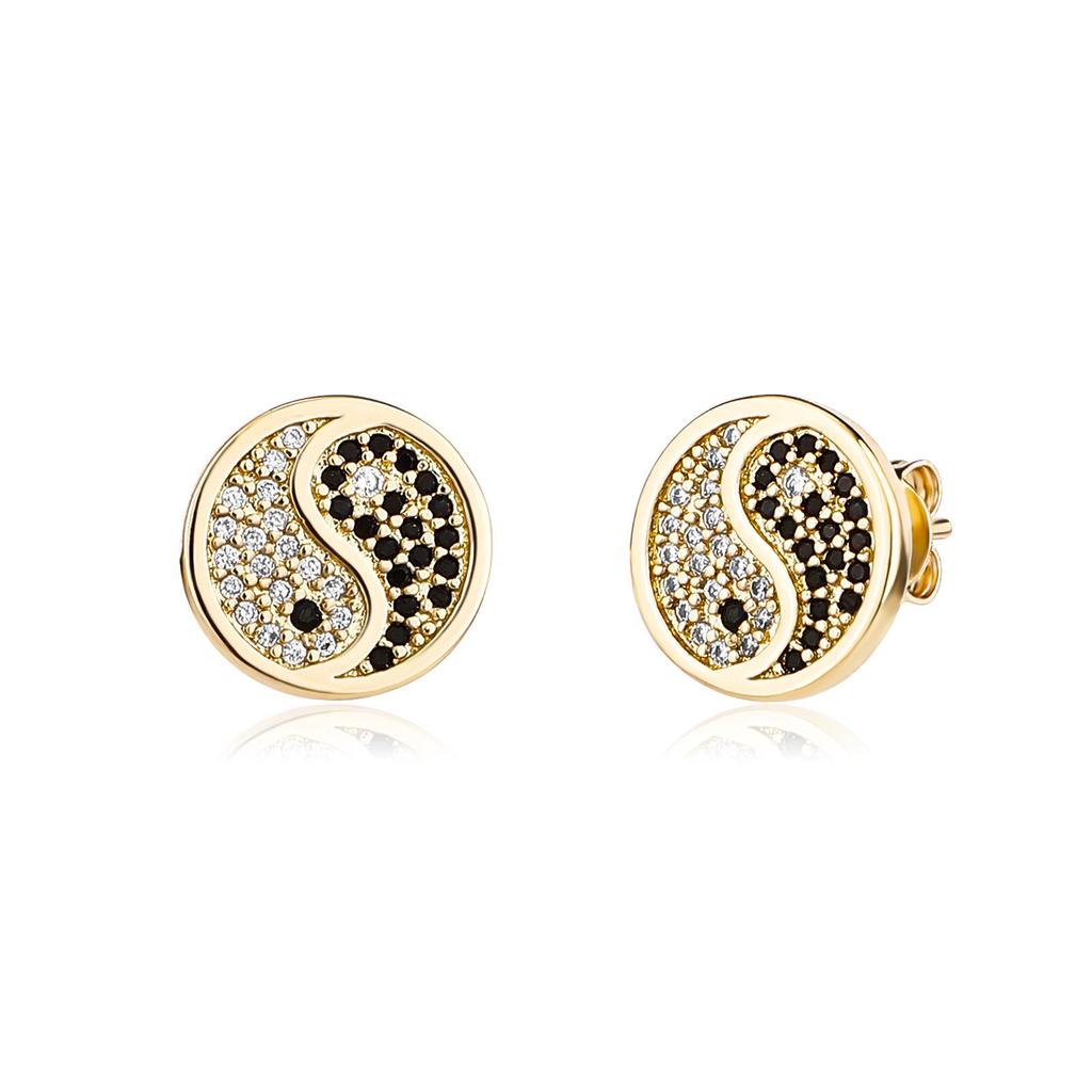 Chinese Style Bagua Black & White Diamond Stud Earrings for Men - Copper Zircon, Trendy European & American Design