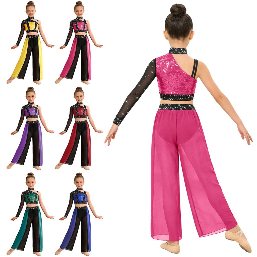 Girls Lyrical Performance Set Shiny Rhinestones Sequins Color Block Asymmetrical Mesh Long Sleeve Crop Top and Split Flowy Chiffon Pants