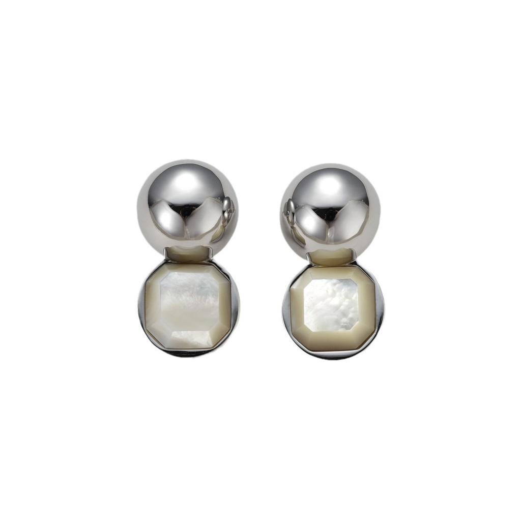 Premium Light Luxury Copper-Plated Platinum Inlaid White Shell S925 Silver Needle Stud Earrings Niche Exquisite Cold Wind Earrings Women