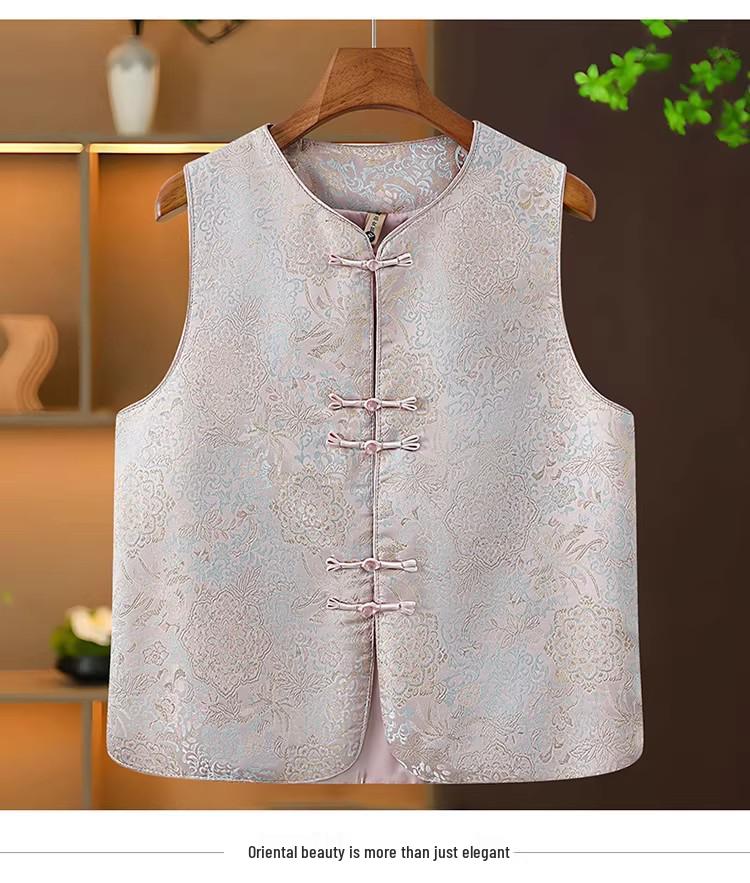 Elegant Jacquard Frog Button Vest for Middle-Aged and Elderly Mothers, Sleeveless, Versatile Spring Collection