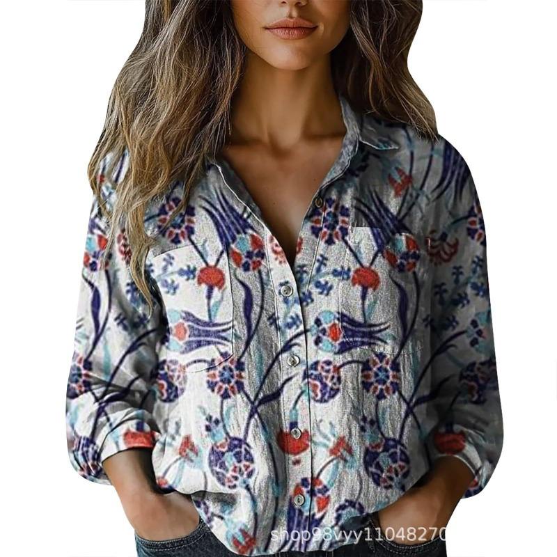 Women New Spring Autumn Vintage Floral 3D Digital Print Long Sleeve Blouse S