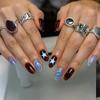 24 Pcs Y2K Short Almond Press On Nails With Shiny Cat Eye And Five Pointed Star Pattern Detachable Fake Nails